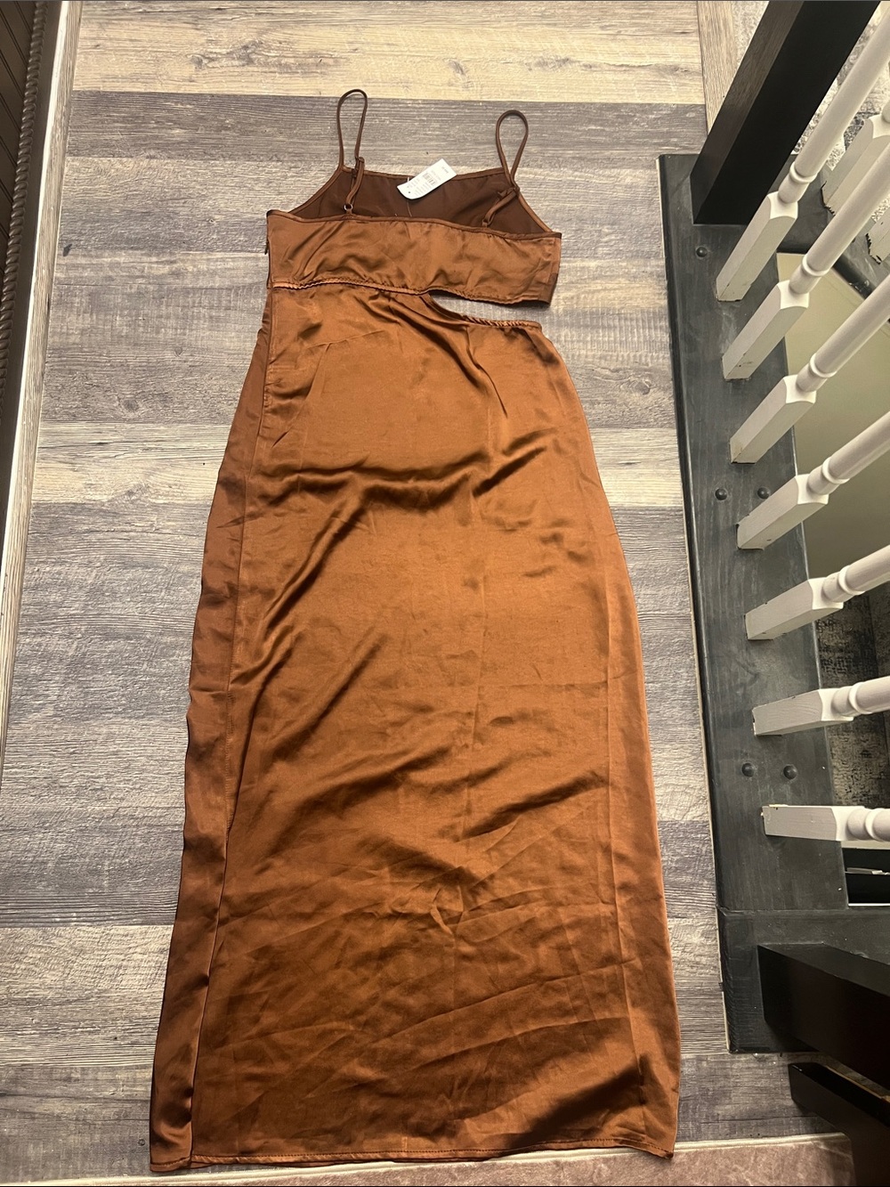 LA Hearts Side Cutout Satin Maxi Brown Dress - Picture 8 of 9